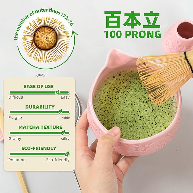 TEANAGOO 7-PCS Pink Matcha Whisk Set with Cherry Blossom Design, Complete Ceremony Kit, Ceramic Chawan Bowl with Spout, Whisk & Accessories, Traditional Matcha Tea Set for Lattes& Gift Giving
