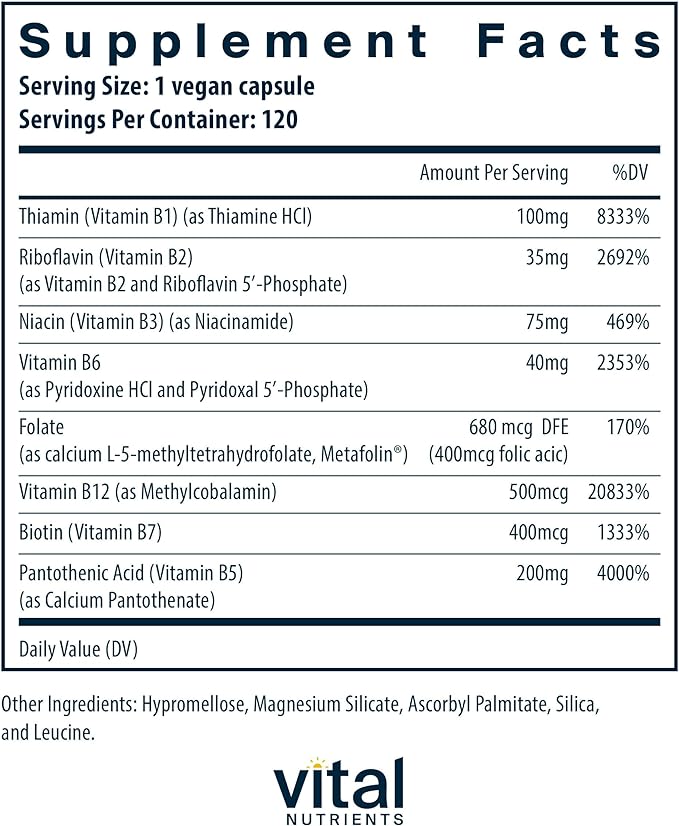 Vital Nutrients Vitamin B-Complex | Vegan High-Potency Methylated B Complex Vitamins | B Vitamins Support Energy Production, Metabolism, and Heart Health* | Gluten, Dairy, Soy Free | 120 Capsules