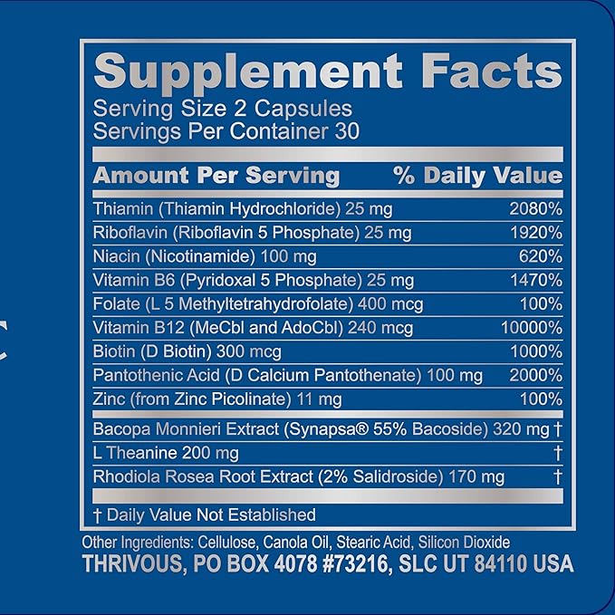 Thrivous Clarity - Enhance Memory, Focus & Mood - Advanced Natural Nootropic Supplement: Synapsa Bacopa, L Theanine, Rhodiola Rosea, Vitamin B Complex, Zinc Picolinate - 60 Capsules