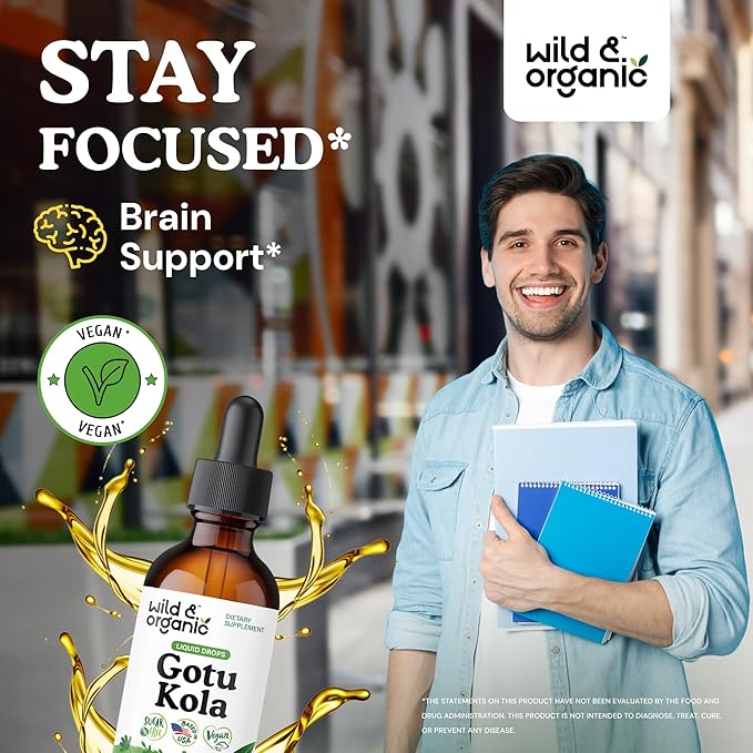 Wild & Organic Gotu Kola Herb Tincture - Brain Support - Gotu Kola Liquid Extract Drops - Vegan, Sugar & Alcohol-Free Centella Asiatica Supplement - 2 fl oz