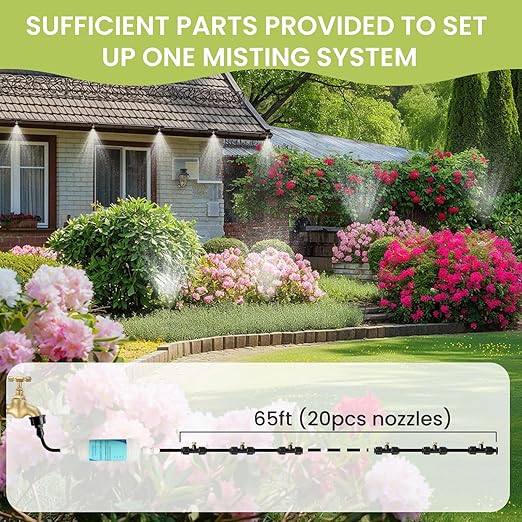 65FT Mister for Outside Patio Misting Cooling System, 65FT (20M) Misting Line+20 Brass Mist Nozzles+Water Filter, Outdoor Mister System for Garden Greenhouse Trampoline Waterparke