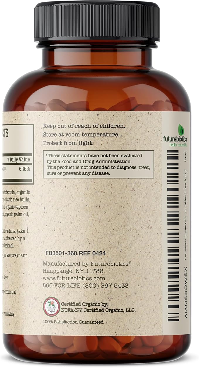 Futurebiotics Vitamin D3 5,000 IU (125 MCG), USDA Certified Organic Vitamin D Supplement, 360 Tablets