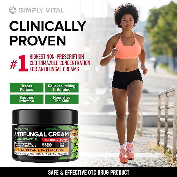 SimplyVital Antifungal Cream with Clotrimazole 1% - Foot Skin Fungus Treatment Extra Strength for Humans - Anti fungal Treatment for Ringworm, Jock Itch & Athlete’s Foot – Made in USA – 2 oz