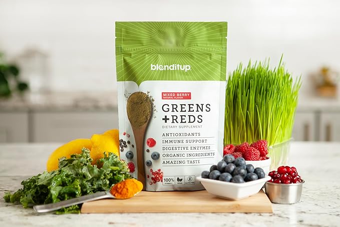BlendItUp Super Greens & Reds | Potent Immune Support & Digestion | 30-Day Supply | Organic Vegan Greens | Helps Decrease Cortisol | Total Body Wellness | Enzyme Matrix for Optimal Absorption