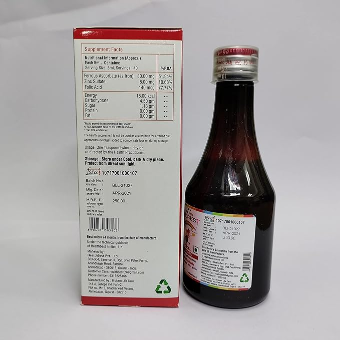 Liquid Iron Syrup for Kids – Triple Action with Folic Acid and Zinc – Boosts Hemoglobin, Appetite, and Immunity – No Metallic Taste – 200ml Liquid Supplement, Safe & Effective