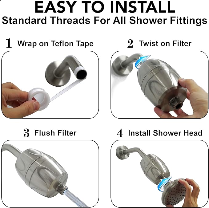 Aqua Elegante Shower Water Filter For Showerhead - Home Shower Head Filters To Remove Chlorine + Hard Minerals - Purifier And Filtered Softener System Best With Activated Charcoal - Brushed Nickel