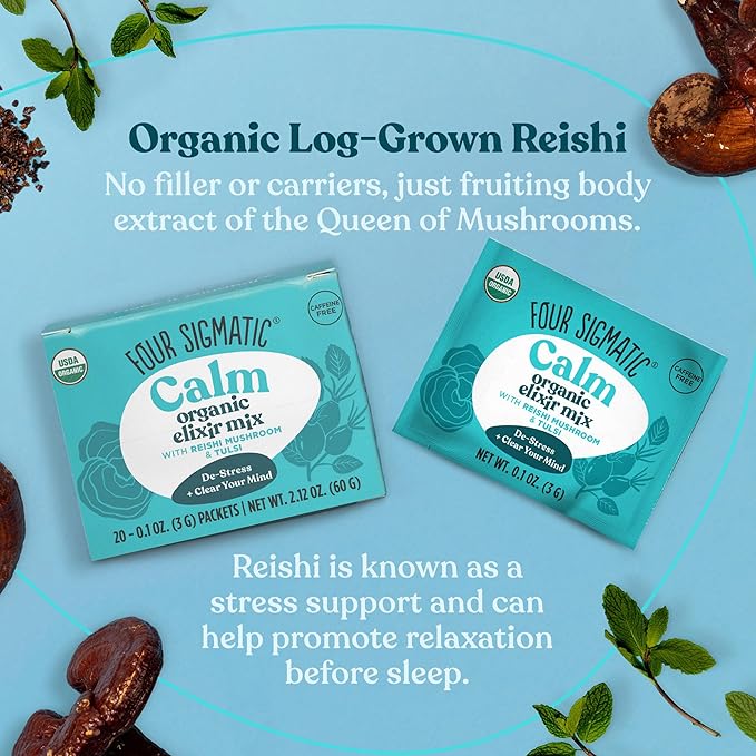 Reishi Mushroom Elixir Mix by Four Sigmatic | Coffee Alternative with Organic Reishi Mushroom Powder, Tulsi, Rose Hips & Mint | Support Stress & Sleep | Decaf, Vegan, Gluten-Free & Keto | 20 Packets