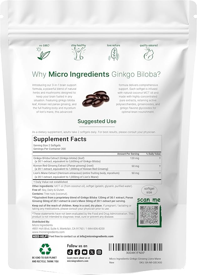 Micro Ingredients Ginkgo Biloba & Ginseng 5,600mg Equivalent, 400 Softgels | 6 Month Supply | Triple Strength Ginko Biloba & Lions Mane Memory Supplement for Brain, Mood & Cognitive Health