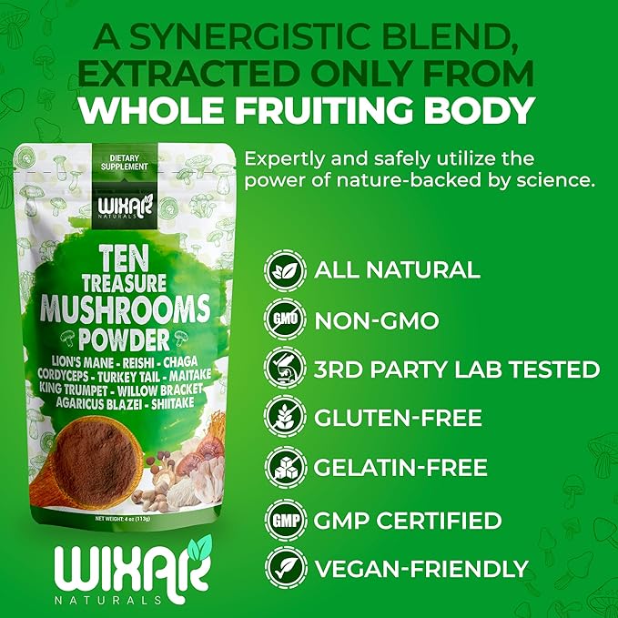 Wixar Mushroom Powder - Ten Treasure Mushrooms Extract Supplement Blend for Coffee & Smoothies - Lions Mane, Turkey Tail, Reishi, Chaga, Shiitake, Cordyceps, Complex - 4oz Mushroom Supplement