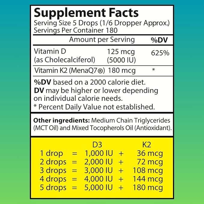 Liquid Vitamin D3 K2 Drops 5000 IU - Vegan, No Taste, No Odor, Soy-Free, Gluten Free, Non-GMO, 1000 IU per Drop, Boosts Energy Levels & Immune System, Supports Heart Health (5 Pack)