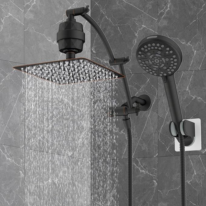 Hibbent All Metal 10'' Dual Filtered Rainfall Shower Head Combo, High Pressure Handheld Shower Head, 16'' Adjustable Arc Extension Arm, 20 Stage Shower Filter, 10-spray, 71'' Hose, Oil Rubbed Bronze