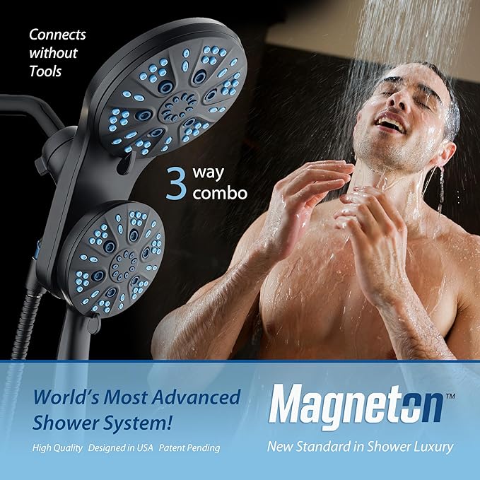 AquaCare Magneton High-Pressure 48-mode Luxury 3-way Combo System with Magnetic Guidance Docking, Giant Rain & Handheld Shower Head, Hygienic Jets and 6 ft. Stainless Steel Hose, Matte Black Finish