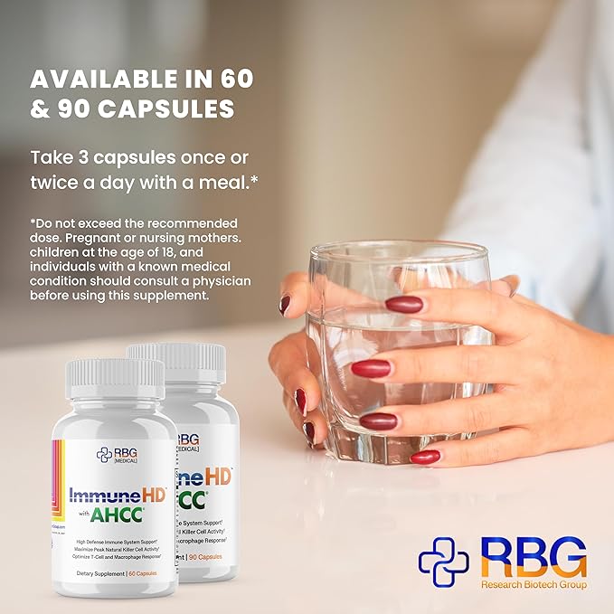 Immune HD with AHCC Supplement for Immune Support,1500mg of AHCC + Olive Leaf Extract & Quercetin with Bromelain, Maintains Natural Killer Cell Activity for Immune System, 60