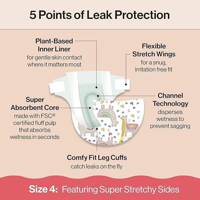 The Honest Company Clean Conscious Diapers for Delicate Skin | Up to 100% Leakproof | Hypoallergenic, Fragrance Free | Girl Prints | Club Box, Size 4 (22-37 lbs), 54 Count (Prints May Vary)