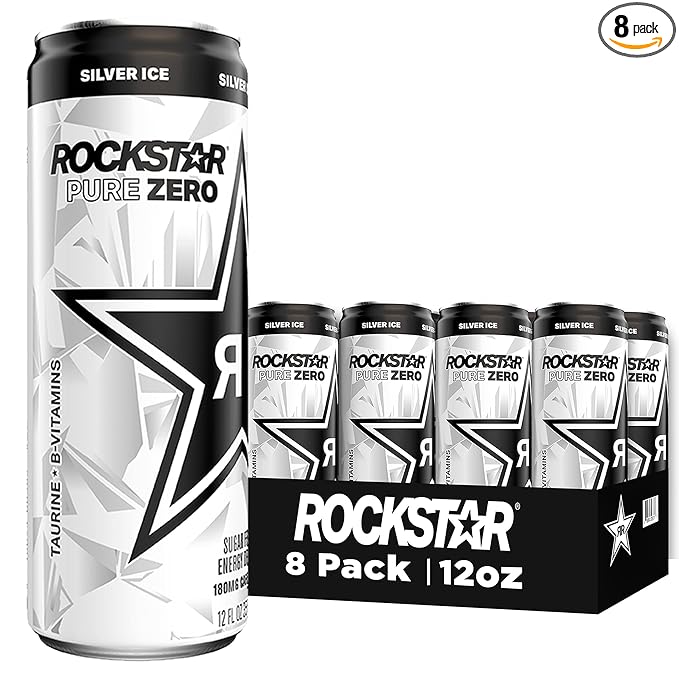Rockstar Energy Drink, Pure Zero Silver Ice, 12oz Sleek Cans (Pack of 8)