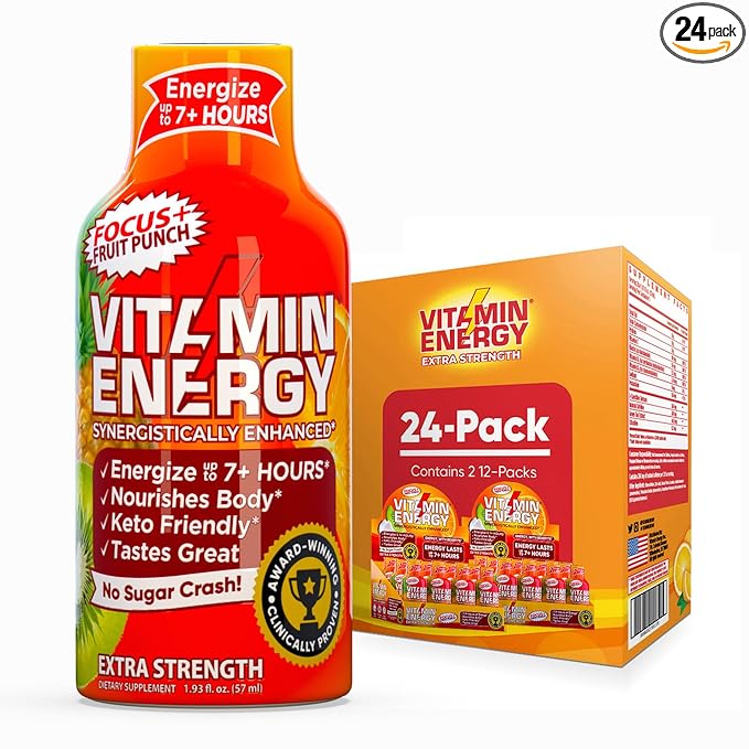 Vitamin Energy Focus+ Extra Strength Energy Shot Fruit Punch 24 Pack, 260mg Natural Caffeine, B-Vitamins, CoQ10, Amino Acids, Focus, Productivity & Clarity, Zero Sugar, Gluten-Free, 1.93 fl oz