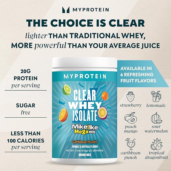 Myprotein Clear Whey Isolate Protein Powder, 1.1 Lb (20 Servings) Fruity Mike and IKE Caribbean Punch Drink Mix, 20g Protein per Serving, Daily Drink for Superior Performance