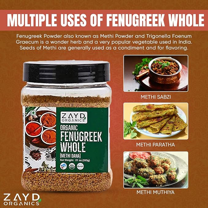Zayd Organic Fenugreek Seeds | 1.3 lb | Whole Methi Seeds, USDA Organic, 1.3 lb (595g)