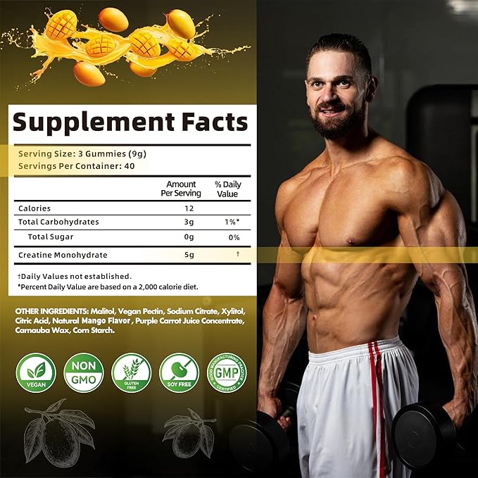 Creatine Monohydrate Gummies for Men & Women-5g of Creatine Monohydrate per Serving - Sugar Free,Vegan, Mango Flavor, 120 Count