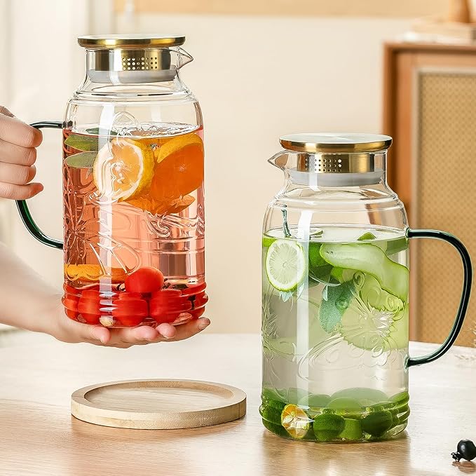 Glass Pitcher with Lid and Handle, 2 PACK 68 oz/2 Liter Vintage Butterfly Design Fridge Water Pitcher, Borosilicate Glass Water Carafe for Hot/Cold Water,Coffee,Iced Sun Tea,Heat Resistant