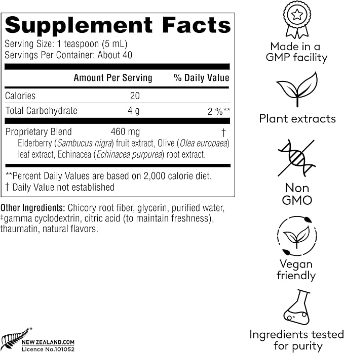 Immune + Wellbeing, Herbal Immune Support Syrup, with Elderberry, Echinacea & Olive Leaf, Liquid Absorption, Great Tasting Wild Berry Flavor, Alcohol-Free, Plant-Based, 6.7 fl oz