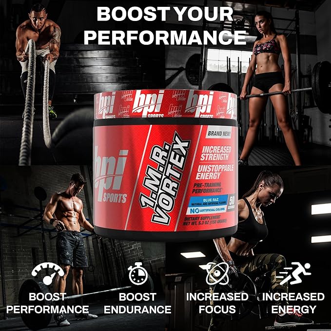 BPI Sports 1.M.R Vortex Pre Workout Powder – High Stim Preworkout for Men & Women with Glycerol, Caffeine, Niacin, and Herbal Extracts – Energy, Focus & Endurance – Blue Raz Flavor – 50 Servings