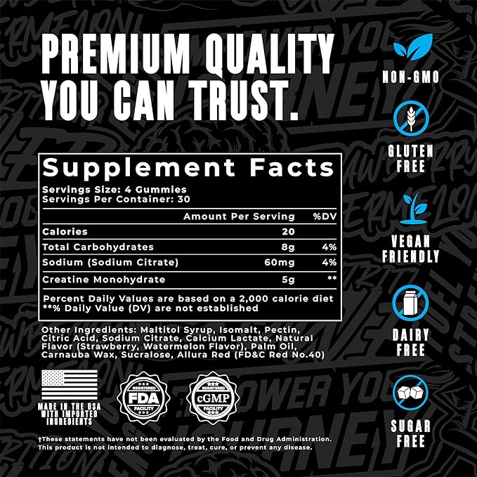 Creatine Monohydrate Gummies 5g for Men & Women, Supplement for Muscle Growth, Energy & Strength, Creatine Gomitas, Sugar-Free Strawberry-Watermelon, Pre-Workout Gummies, 120 ct