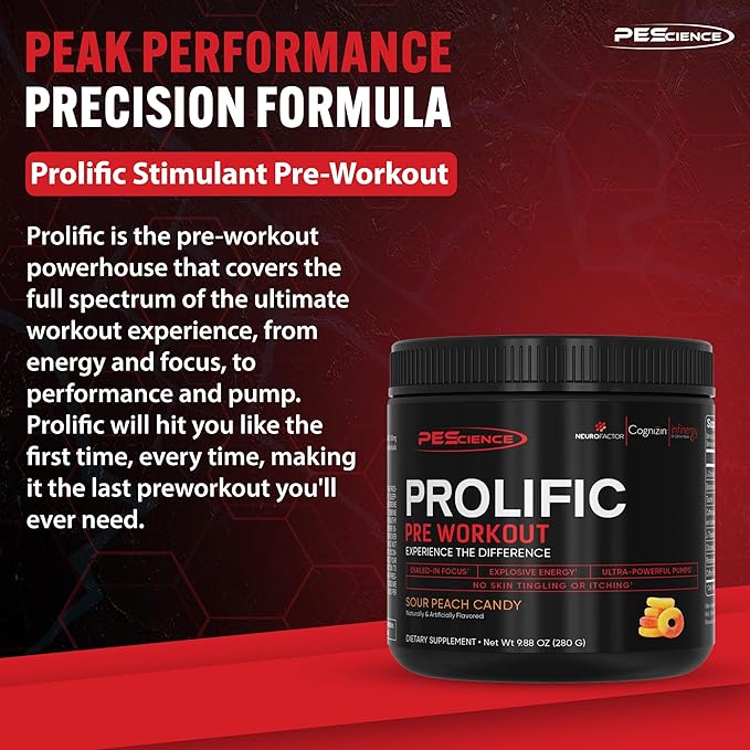 PEScience Prolific Pre Workout Powder for Men & Women with L-Citrulline Nitric Oxide Booster, Energy Powder & Nootropic for Focus – Preworkout Without Beta Alanine – 40 Scoops, Sour Peach Candy