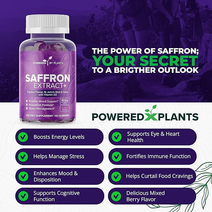 Saffron Extract Gummies with Passionflower & Vitamin D2 - Saffron Supplements for Mood Support, Digestion, & Energy 60 Servings