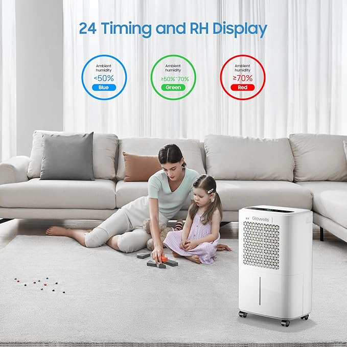 1500 Sq.Ft Dehumidifier for Basement with Drain Hose, Glowells 25 Pints Dehumidifiers for Home Large Room Bathroom Bedroom,3 Modes, Smart Humidity Control (25 Pints)