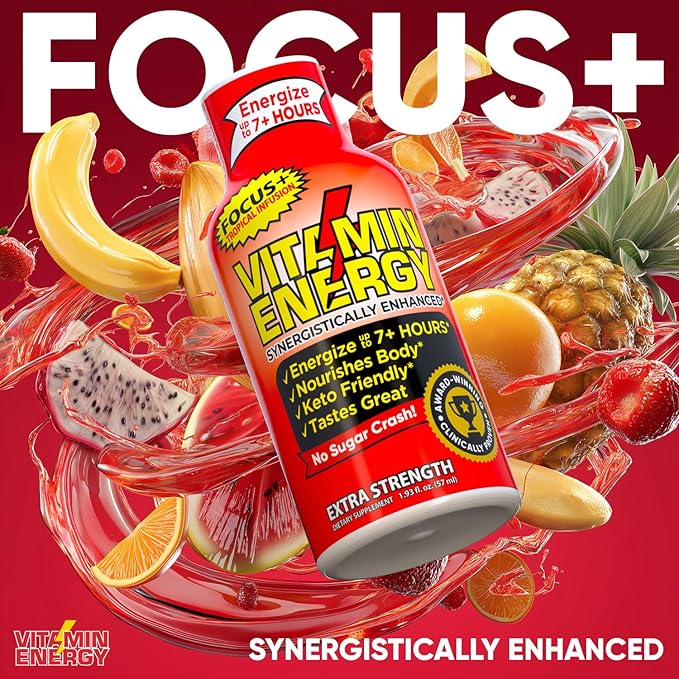 Vitamin Energy Focus+ Extra Strength Daily Energy Shot – Tropical Infusion – 260mg Natural Caffeine, 100% DV B-Vitamins – Focus & Productivity Support – Zero Sugar, Vegan, Kosher – 1.93 fl oz, 12-Pack