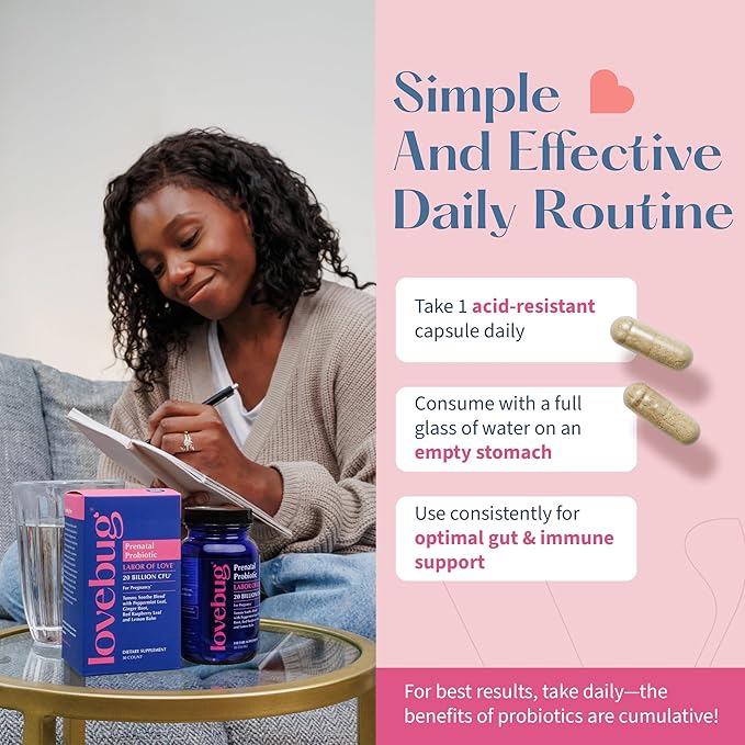 LOVEBUG Prenatal Probiotic Supplement - 7 Probiotics & Prenatal Vitamins for Women, 20 Billion CFU, with Soothing Peppermint, Ginger, Raspberry Leaf and Lemon Balm. 30 Capsules