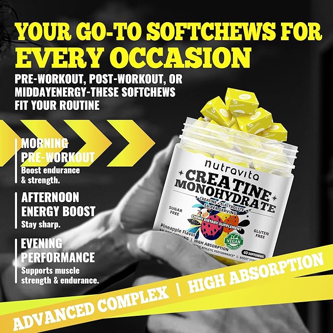Creatine Monohydrate Chews (5g) – Pre-Workout Energy & Muscle Growth Support for Men & Women | Pineapple Electrolyte Gummies (60 Count)