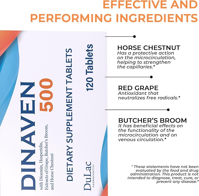 Dulàc - Dinaven 500, Diosmin Hesperidin 500mg Dietary Supplement 120 Tablets, Enriched with Butcher's Broom, Horse Chestnut Extract and Grape Seed Extract, Made in Italy