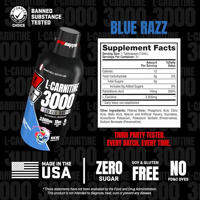 PROSUPPS L-Carnitine Liquid 3000, Stimulant-Free Liquid Shots for Men & Women - Clean Workout Drink for Energy, Performance & Muscle Recovery - No Sugar, No Carbs - 31 Servings, Blue Razz