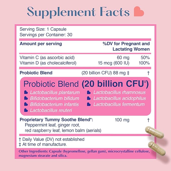 LOVEBUG Prenatal Probiotic Supplement - 7 Probiotics & Prenatal Vitamins for Women, 20 Billion CFU, with Soothing Peppermint, Ginger, Raspberry Leaf and Lemon Balm. 30 Capsules