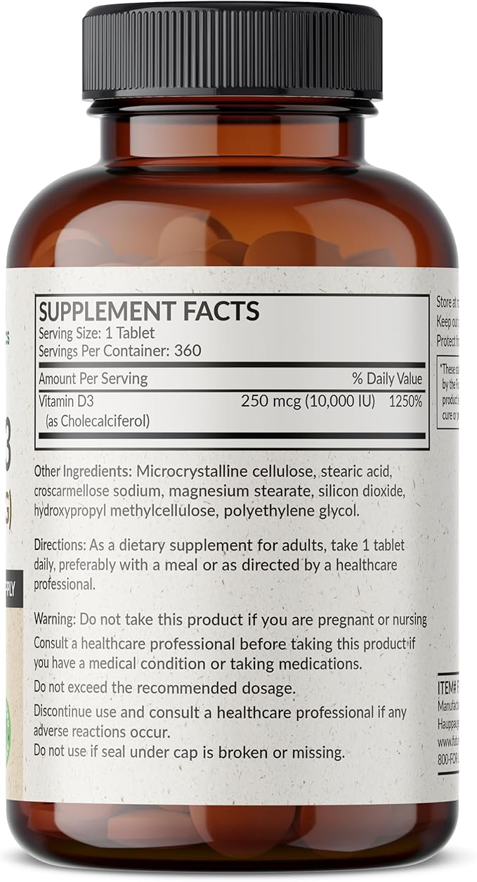 Futurebiotics Vitamin D3 10,000iu (250mcg) 360 Day Supply for Healthy Muscle Function and Immune Support, Non-GMO, 360 Tablets