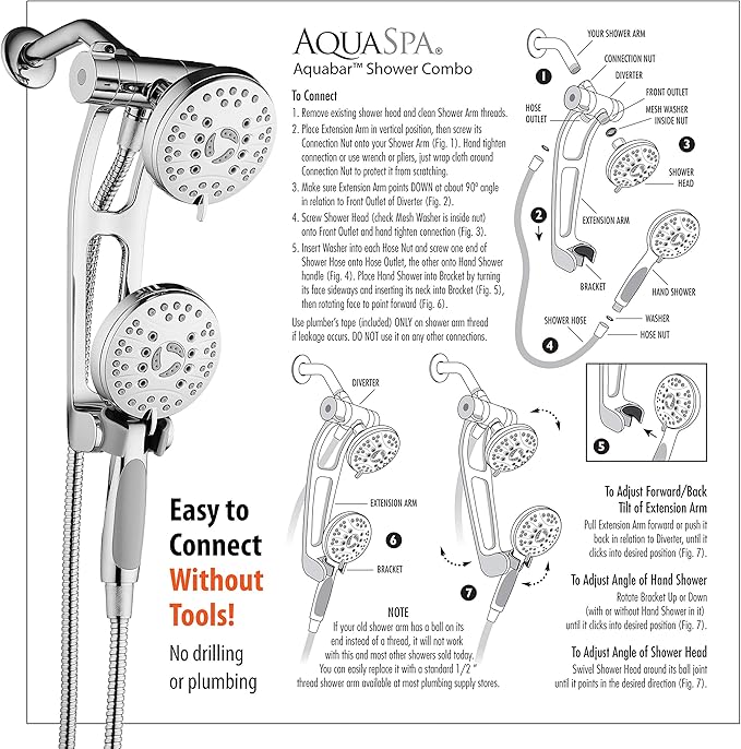 High Pressure 48-mode Luxury 3-way Combo with Adjustable Extension Arm – Dual Rain & Handheld Shower Head – Extra Long 6 Foot Stainless Steel Hose – All Chrome Finish – Top US Brand