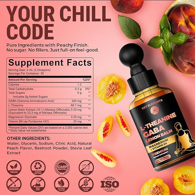 L Theanine and GABA Supplements | GABA Calming with Lemon Balm Extract, L-Theanine and Magnesium with B6 | Liquid GABA L Theanine Supplements | Stress Relief & Relaxation GABA Drops