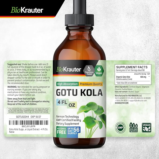 BIO KRAUTER Gotu Kola Tincture - Centella Asiatica Extract - Alcohol and Sugar Free Gotu Kola Extract - Vegan Drops 4 Fl.Oz.