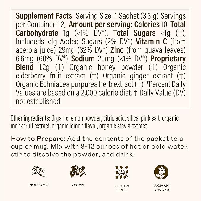 Wooden Spoon Herbs - Refreshing Lemon-Ginger Immune Support Drink Mix | Includes Immunity Boosting Organic Elderberry, Echinacea, Plant-Sourced Zinc & Vitamin C | 10 On-The-Go Sachets (1 Carton)
