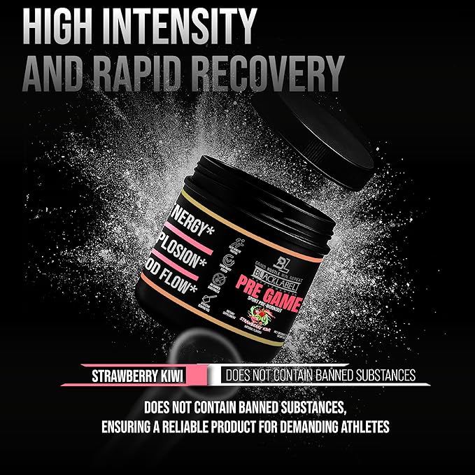 BLACKLABEL Supplements PRE-Game Pre Workout Powder, Strawberry Kiwi (40 Servings) – NSF Certified for Sport – Customizable 150mg Caffeine for Energy & Focus – Low-Stimulant Pre Workout for Men Women
