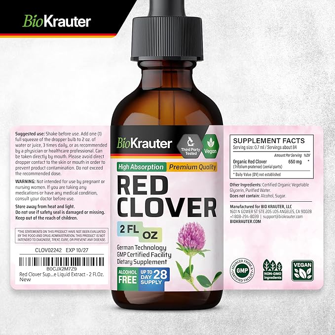 BIO KRAUTER Red Clover Tincture - Red Clover Extract - Liquid Supplement for Women's Support - Alcohol and Sugar Free - Vegan Drops 2 Fl.Oz.