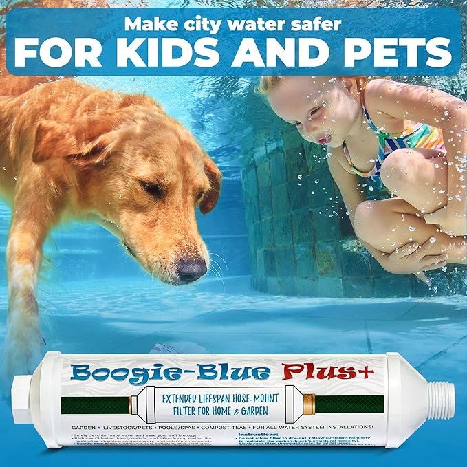 Boogie Blue Plus Garden Hose Water Filter for RV and Outdoor use - Removes Chlorine, Chloramines, VOCs, Pesticides/Herbicides Boogie Blue Plus High Capacity Filter - The Organic Gardener's Choice