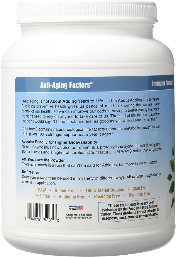 Immune Tree 100% Bovine Colostrum Powder, 661 Servings, 2.2lb (1 Kilo), Supports Anti-Aging, Healthy Immune System, Gut & Digestion, Muscles, & Wellness, Made in USA From Grass Fed, Grade A Dairy Cows
