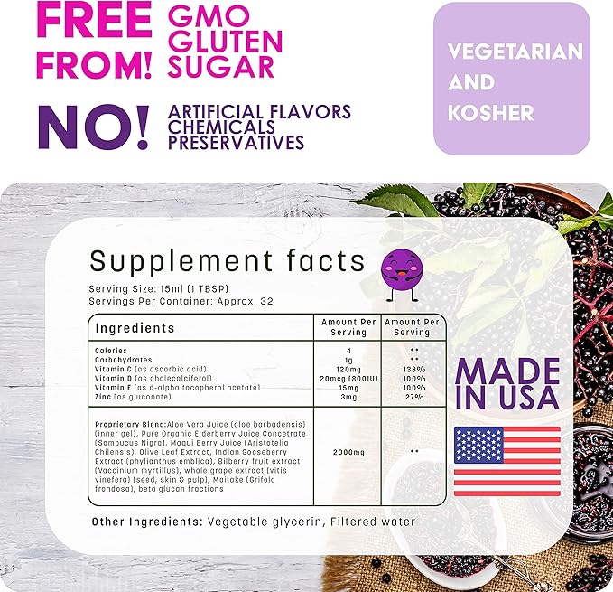 Liquid Kids Immune Support with Organic Elderberry Syrup - Vitamin C, D, E, Zinc | Toddlers & Kids Vitamins Immune Support & Defense Booster | Sugar Free Vegetarian Immunity System Supplement (2 Pack)