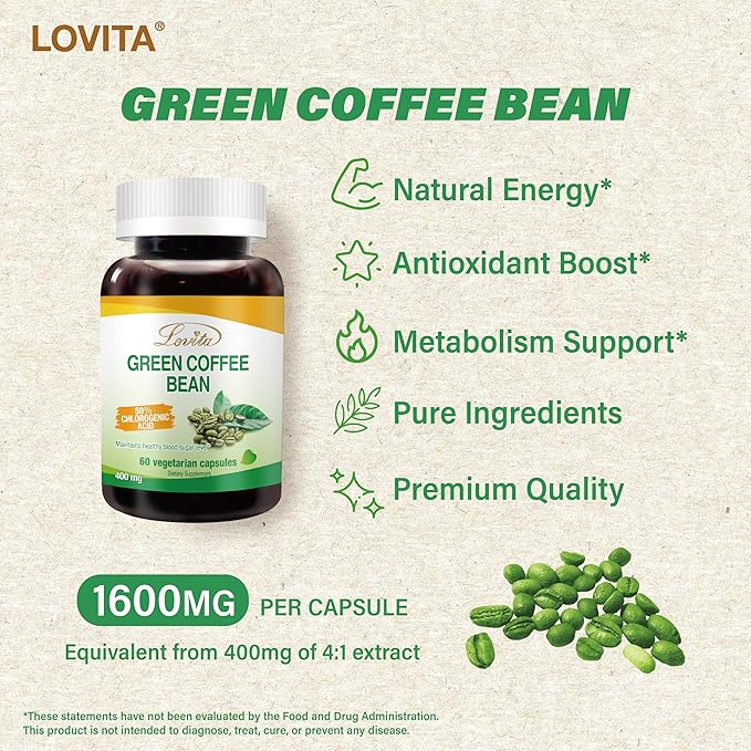 Lovita Green Coffee Bean Extract: Natural Antioxidant, High Potency, 50% Chlorogenic Acid, Vegan-Friendly Dietary Supplement - 60 Capsules (Pack of 3)