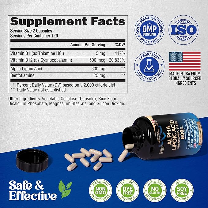 Alpha Lipoic Acid 600mg - ALA Supplement Antioxidant for Nerve, Energy & Metabolism Support - Extra Strength with Benfotiamine, Vitamins B1 & B12 - Lab Tested, Non-GMO & Vegan - 240 Capsules