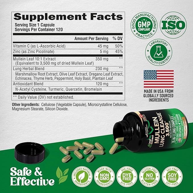 Mullein Leaf Extract for Lung Detox - Marshmallow Root | Echinacea | Oregano | Quercetin | NAC - 15-in-1 Lung Support & Cleanse for Smokers Supplement - Made in USA - As Drops, Tincture - 120 Capsules
