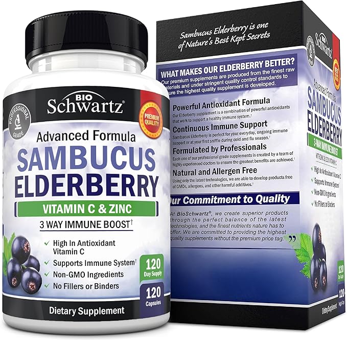 BioSchwartz Elderberry Capsules with Zinc and Vitamin C for Adults - Immune Support Vitamins for Women and Men - Black Sambucus Elderberry Vitamin C and Zinc - Multiminerals Supplement, 120 Count